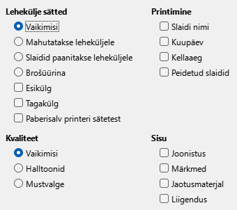 Ekraanipilt Impressi printimissätetest