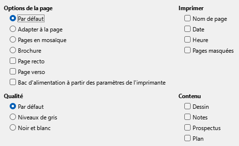 Boîte de dialogue Options d'impression Impress