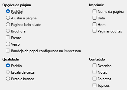 Caixa de diálogo de opções de impressão do Impress
