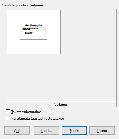 Ekraanipilt slaidi kujunduse valimise paneelist