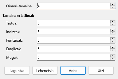 Letra-tipoaren tamainaren elkarrizketa-koadroa