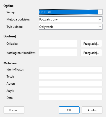 Okno dialogowe EPUB
