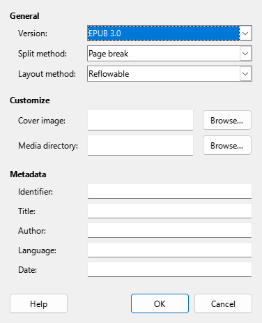EPUB dialog box