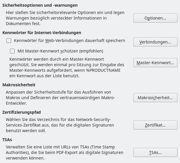 Bild des Dialogs Optionen – Sicherheit