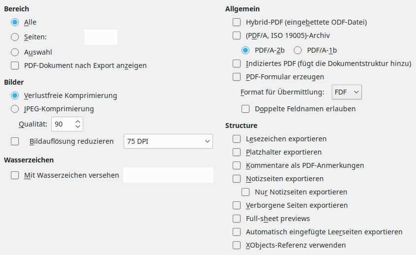 Bild des Export-Dialogs  PDF-Optionen – Allgemein