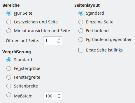 Bild des Export-Dialogs PDF-Optionen – Anfangsdarstellung