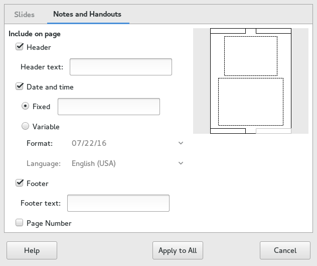 Header and footer dialog