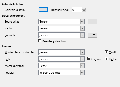 Imatge del diàleg Pàgina d'efectes de lletra