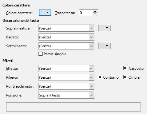 Immagine della finestra di dialogo pagina degli Effetti carattere