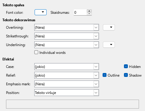 Rašmenų savybių lango nuotrauka