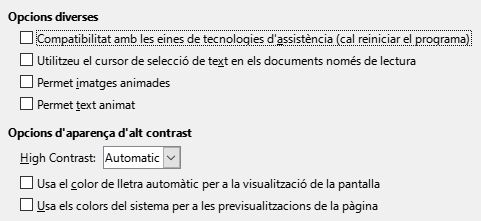 Imatge del diàleg d'opcions d'accessibilitat