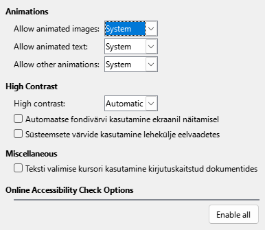 Ekraanipilt hõlbustussätete dialoogist