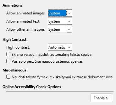 Pritaikymo neįgaliesiems parinkčių lango nuotrauka
