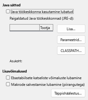 Ekraanipilt edasijõudnuile mõeldud sätete dialoogist