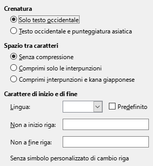 Immagine della finestra di dialogo Layout asiatico delle Opzioni