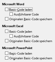 Bild des Dialogs Optionen – Laden/Speichern – VBA-Eigenschaften