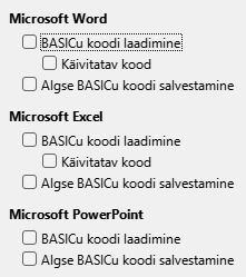 Ekraanipilt VBA laadimise ja salvestamise sätete dialoogist