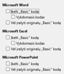VBA įkėlimo ir įrašymo parinkčių lango nuotrauka