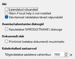Ekraanipilt üldiste sätete dialoogist