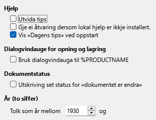 Dialogvindauget for generelle innstillingar