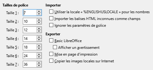 Image des options de la boîte de dialogue HTML