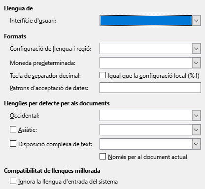 Imatge del diàleg d'opcions de llengua