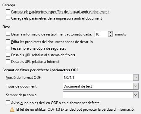 Imatge del diàleg d'opcions de desar