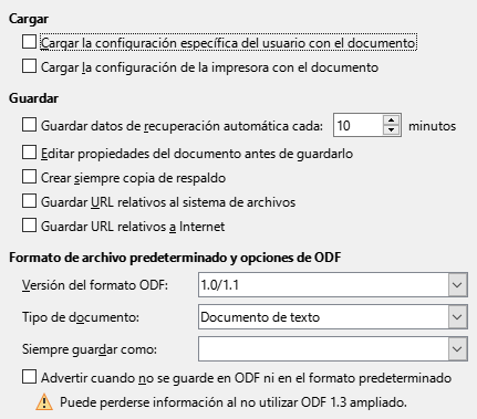 Imagen del cuadro de diálogo Opciones, sección Guardar