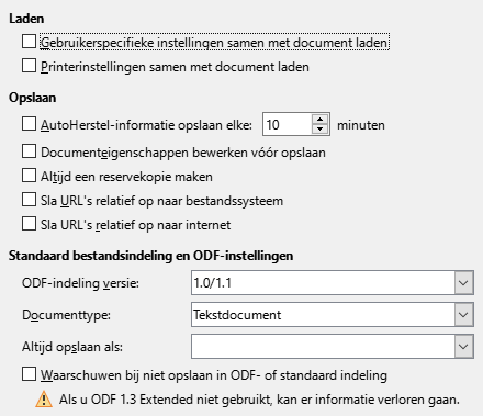 Afbeelding van dialoogvenster Opties - Lade/Opslaan - Algemeen