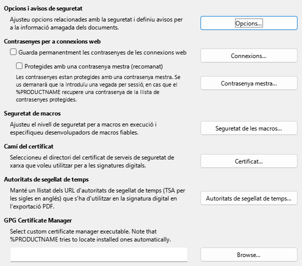 Imatge del diàleg d'opcions de seguretat