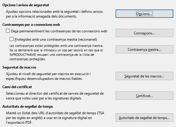 Imatge del diàleg d'opcions de seguretat