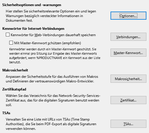 Bild des Dialogs Optionen – Sicherheit