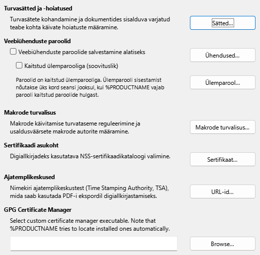 Ekraanipilt turvasätete dialoogist