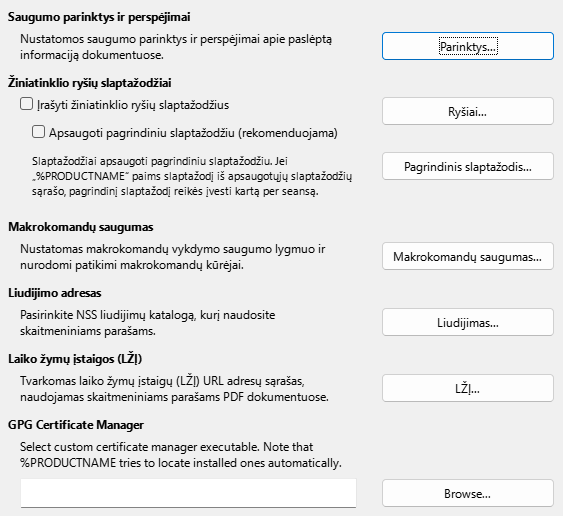 Saugumo parinkčių lango nuotrauka