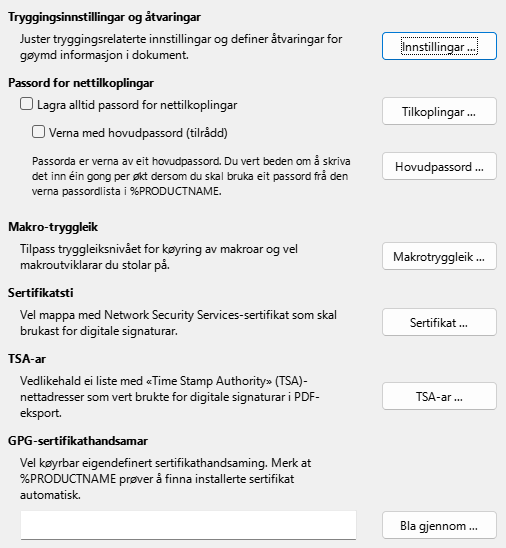 Dialogvindauget for tryggings-innstillingar