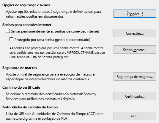 Imagem da caixa de diálogo Opções Segurança