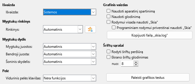 Rodymo parinkčių lango nuotrauka
