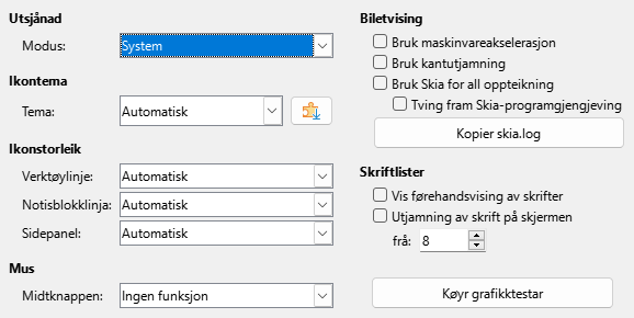 Dialogvindauget for visingsinnstillingar