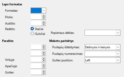 Lapo formato parinkčių lango nuotrauka