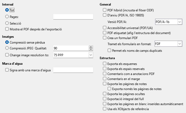 Imatge del diàleg d'opcions generals d'exportació a PDF