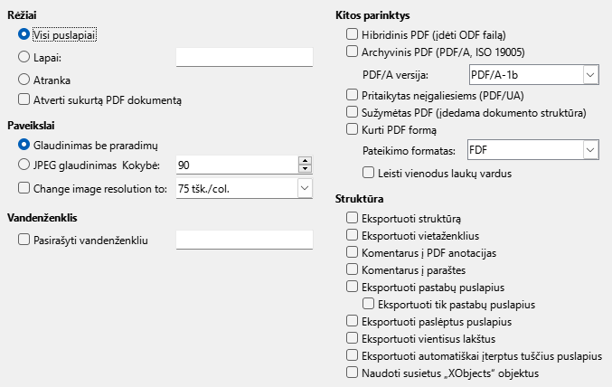 PDF eksporto pagrindinių parinkčių lango nuotrauka