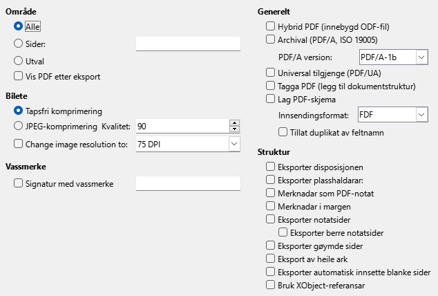 PDF-eksport-dialogvindauge for generelle innstillingar