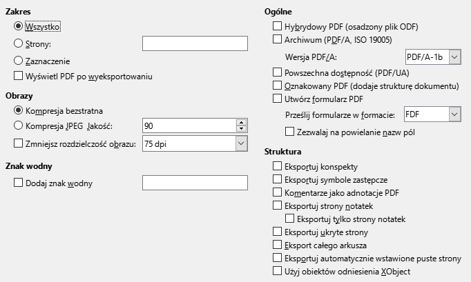 Obraz okna dialogowego opcji ogólnego eksportu do PDF