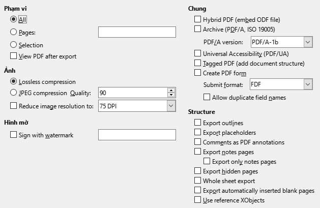 PDF Export General Options Dialog Image