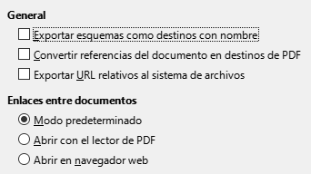 Imagen del cuadro de diálogo Exportar a PDF, pestaña Enlaces