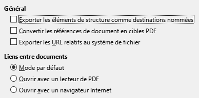 Image de la boîte de dialogue d'options des liens de l'export PDF