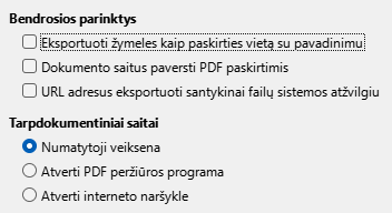 PDF eksporto saitų parinkčių lango nuotrauka