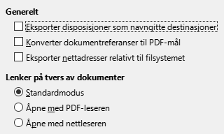 PDF eksportkoblinger Alternativer, Dialog