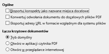 Obraz okna dialogowego opcji łączy eksportu PDF