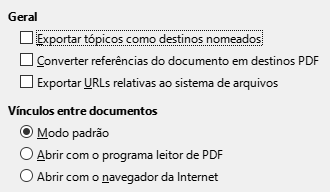 Imagem da caixa de diálogo de opções de vínculos da exportação PDF